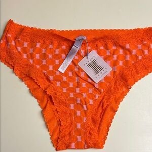 Savage X Fenty Orange Lace Trim Checkered Mesh Panty 3X